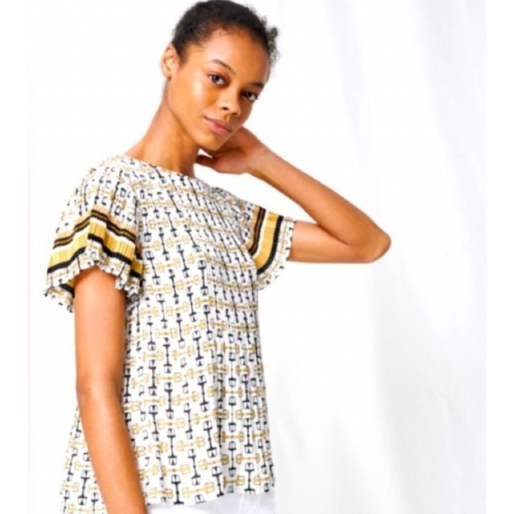 Maje Pleated Tunic With Preppy Print Equestrian Bit White Black Gold Medium